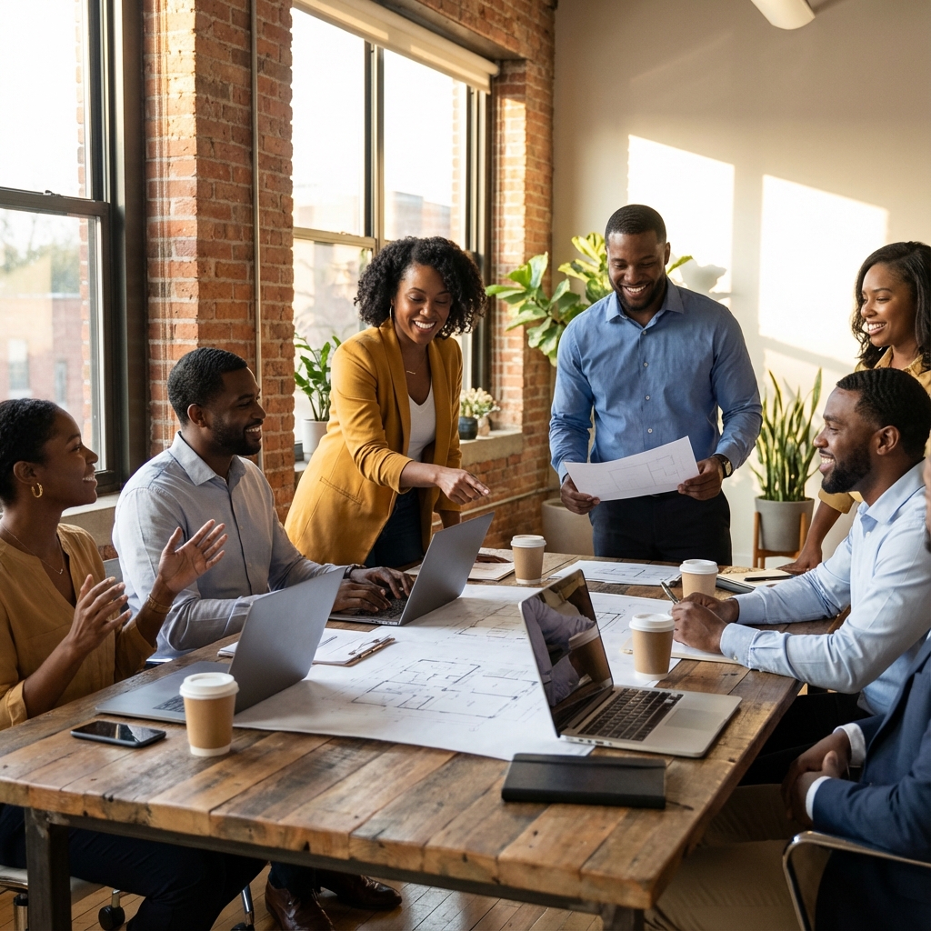 Diverse Black professionals collaborating on economic empowerment initiatives for Black Dollar Network's mission to educate, equip, and empower the community