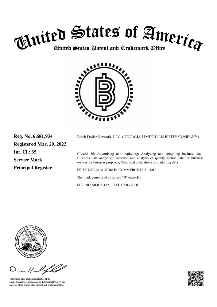 Black Dollar Network registered trademark emblem certificate for brand protection
