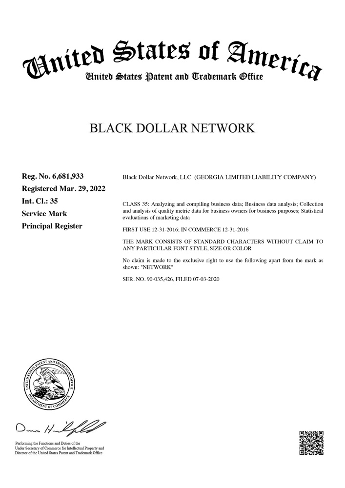 Black Dollar Network registered trademark name certificate for brand protection